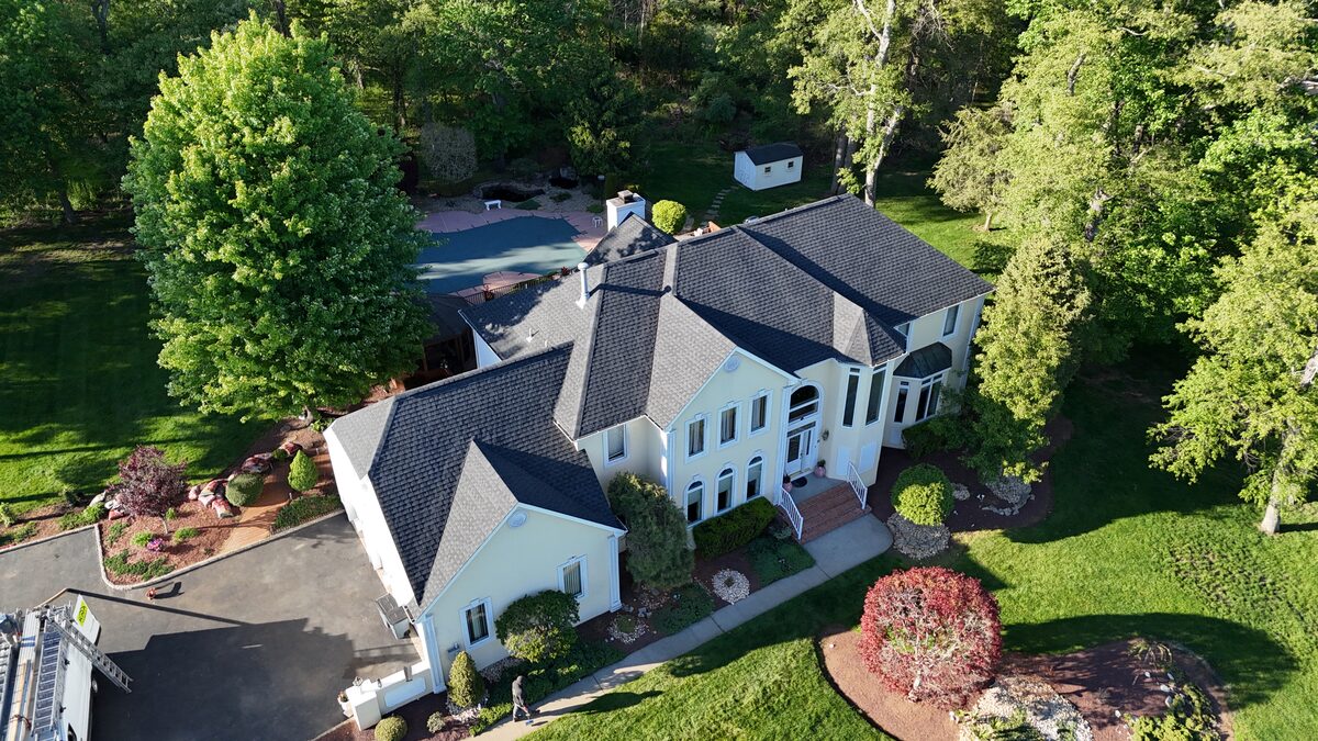 Aerial drone view of finished roof